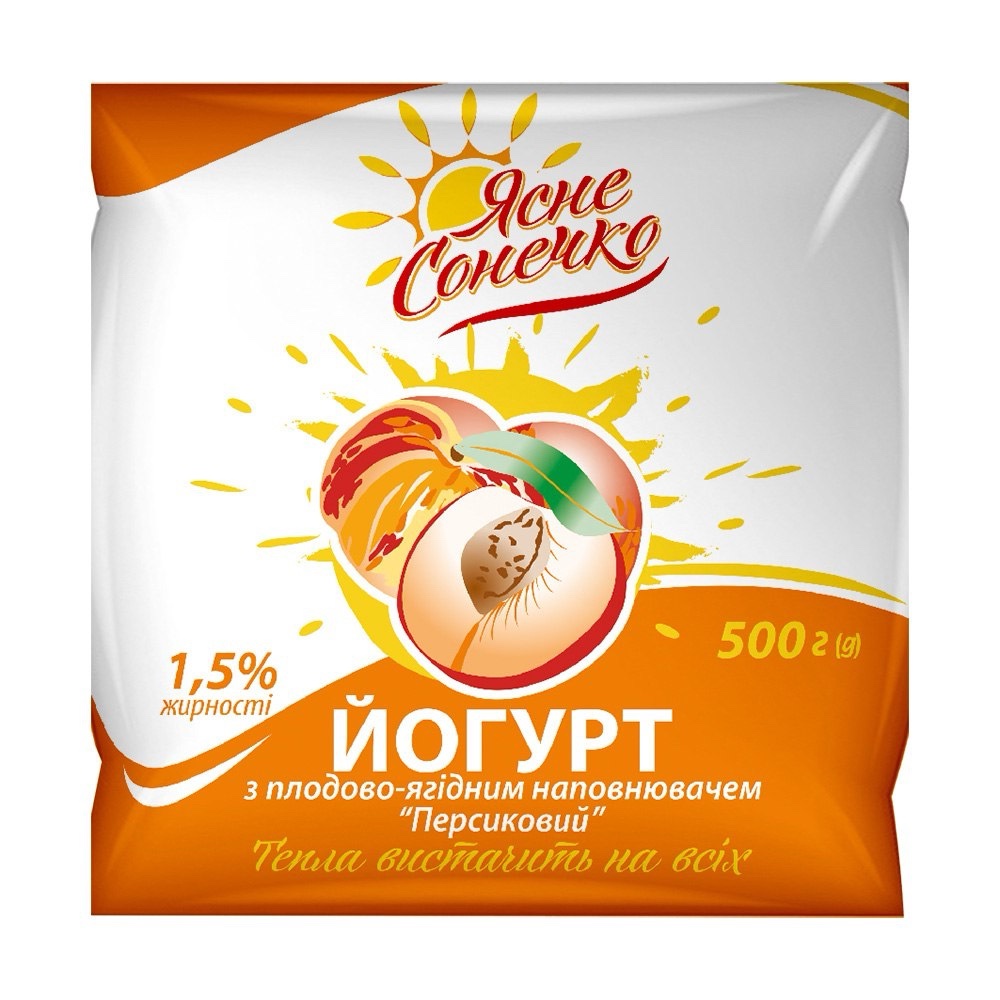 Йогурт ЯСНЕ СОНЕЧКО з фруктовим наповнювачем "Персик" 1,5%, 500г, плівка поліетиленова
